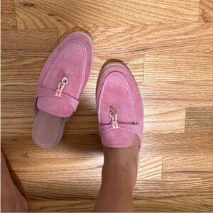 Pink Suede Loafers with Bow Detail